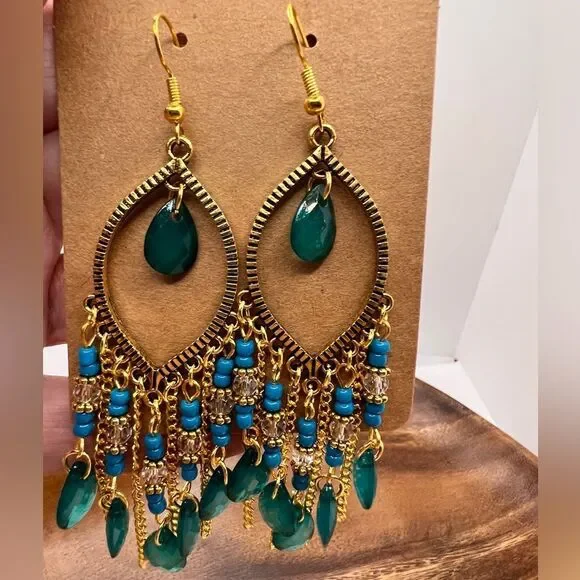 3/$25 Boho Style Teal Turquoise Gold Long Beaded Waterdrop Dangle Earrings - Picture 4 of 4